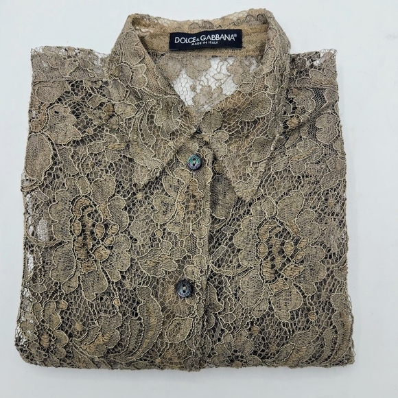 Dolce & Gabbana Delicate Lace Floral Stretched Button-Down Shirt In Khaki SZ 36 - Picture 11 of 16